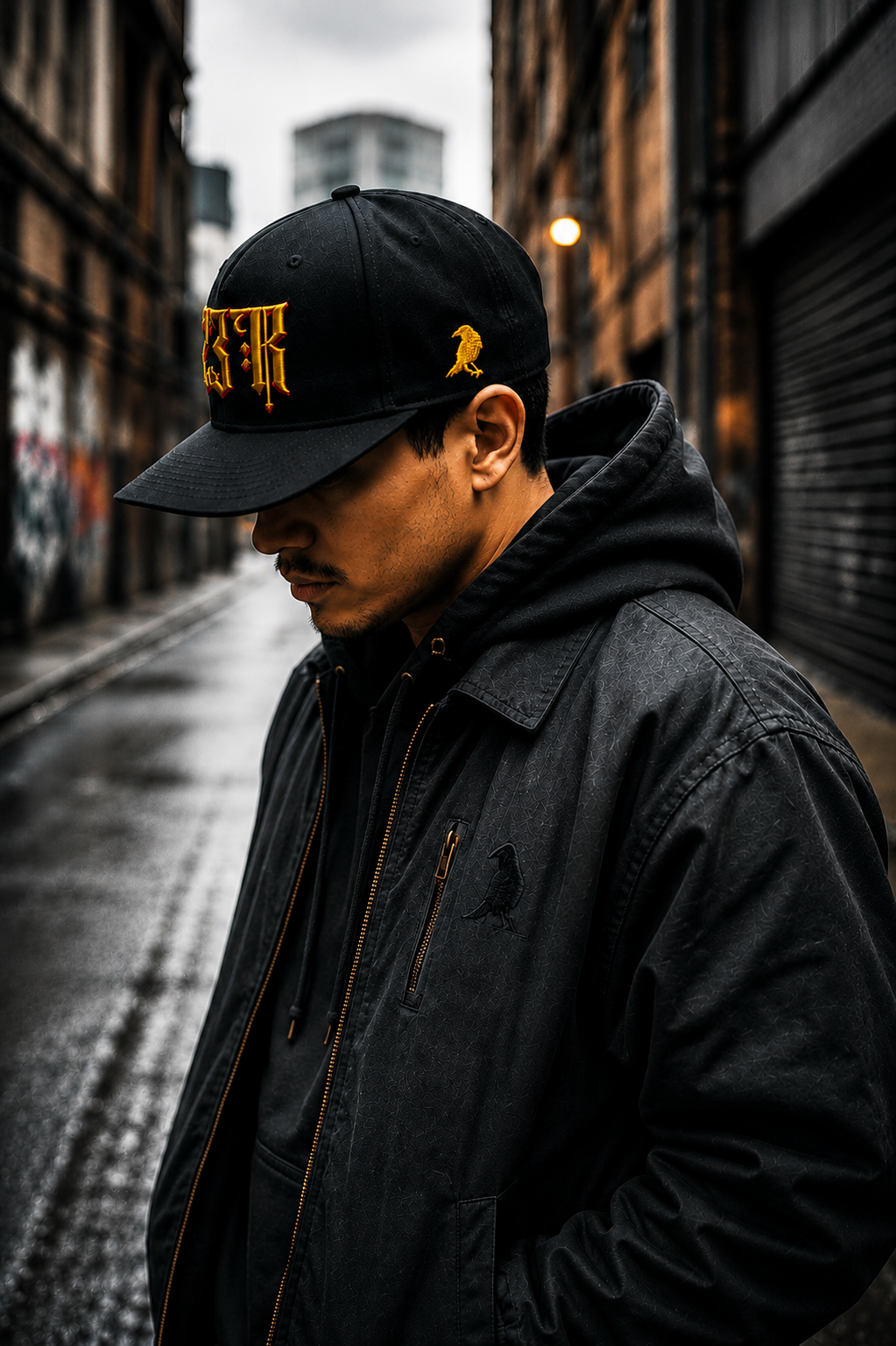 Side profile of model wearing black 23Ravens snapback cap with gold raven embroidery