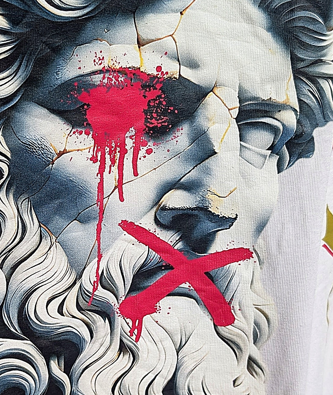 Artistic depiction of a classical sculpture with red paint and an 'X' mark on a white background