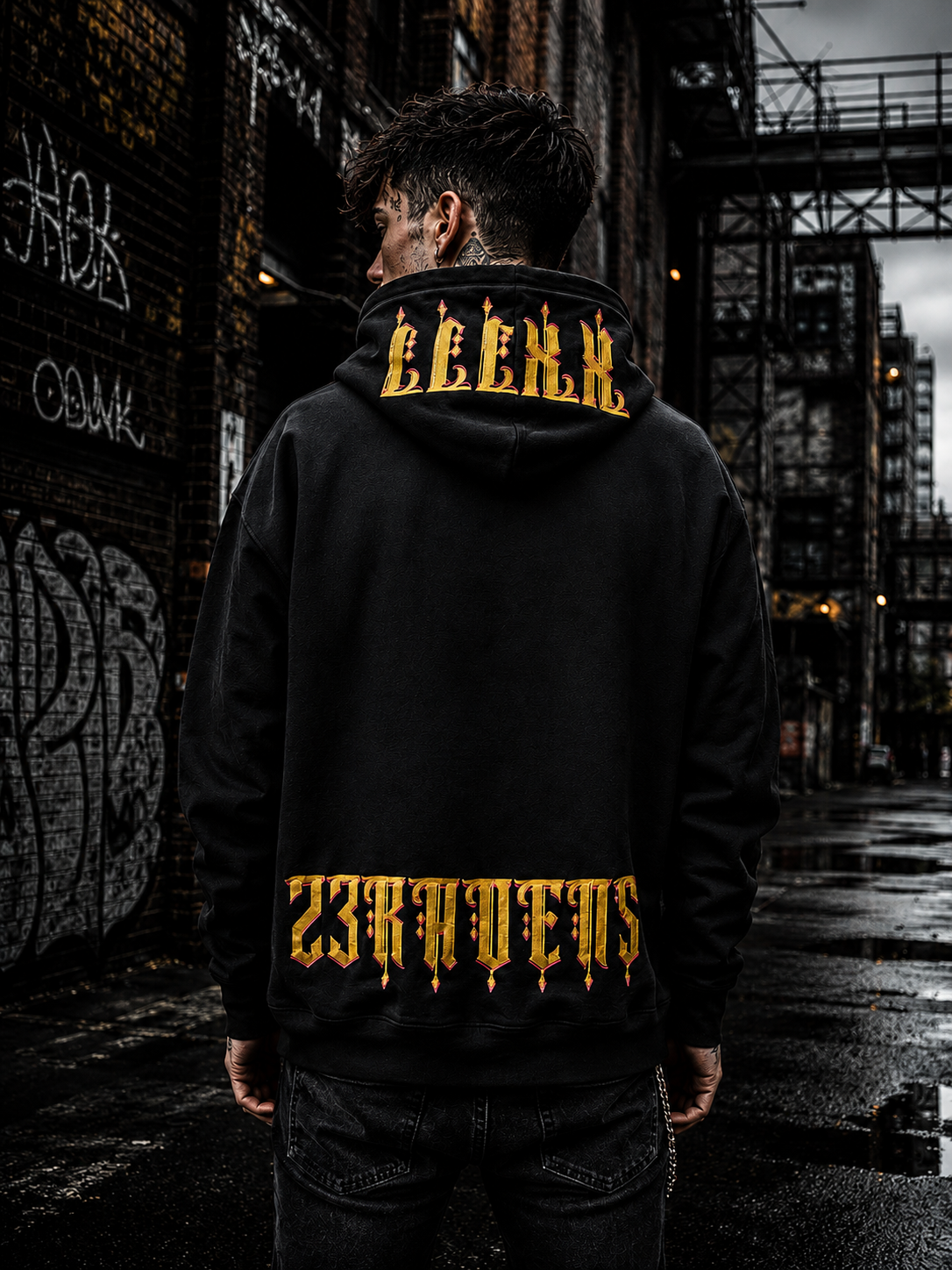Back view of black 23Ravens oversized hoodie featuring gothic gold 23Ravens artwork and hood embroidery