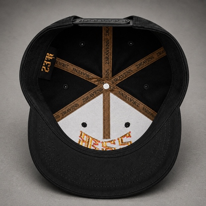 Interior detail of 23Ravens snapback cap showing premium branded taping and embroidery