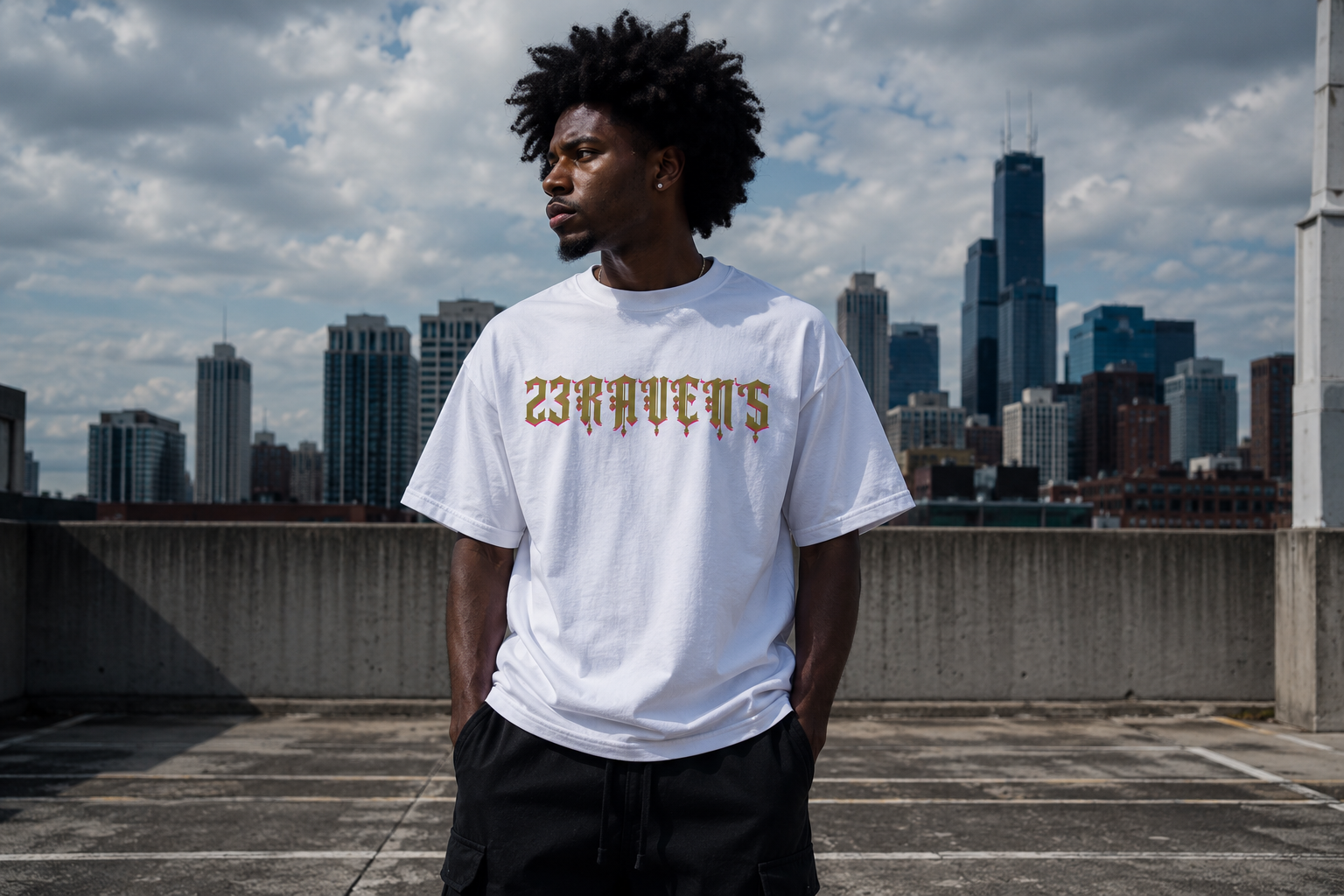 Man wearing a black 23Ravens t-shirt